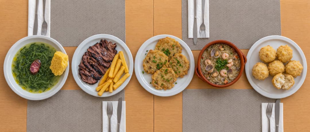 Caldo verde, grilled black pork, octopus fritters, a seafood-rice stew and salt-cod fritters